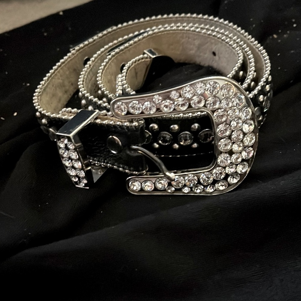 black leather belt with Swarovski crystal buckle